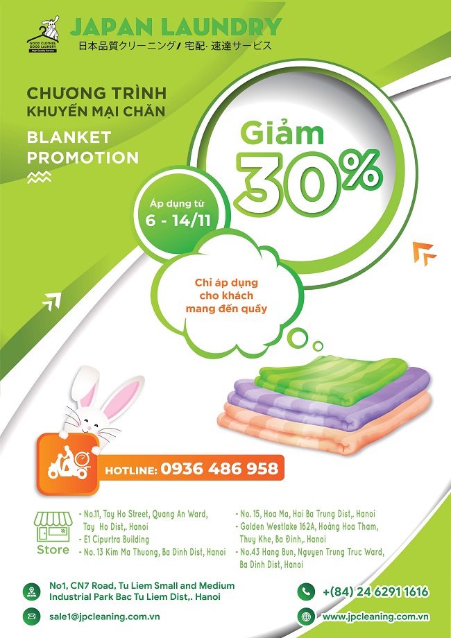Chào đón tháng 11 – Sale sốc 30% dịch vụ giặt chăn tại Japan Laundry Chào đón tháng 11 – Sale sốc 30% dịch vụ giặt chăn tại Japan Laundry