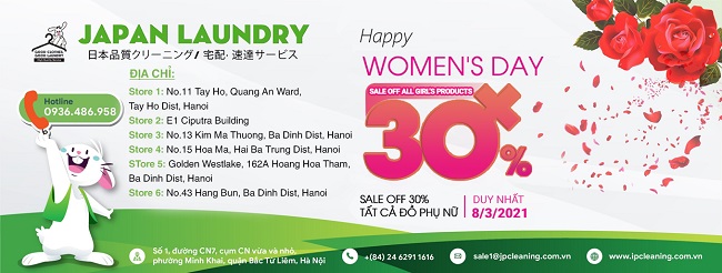Duy nhất ngày 8/3: Giảm 30% dịch vụ giặt là tất cả đồ phụ nữ Duy nhất ngày 8/3: Giảm 30% dịch vụ giặt là tất cả đồ phụ nữ