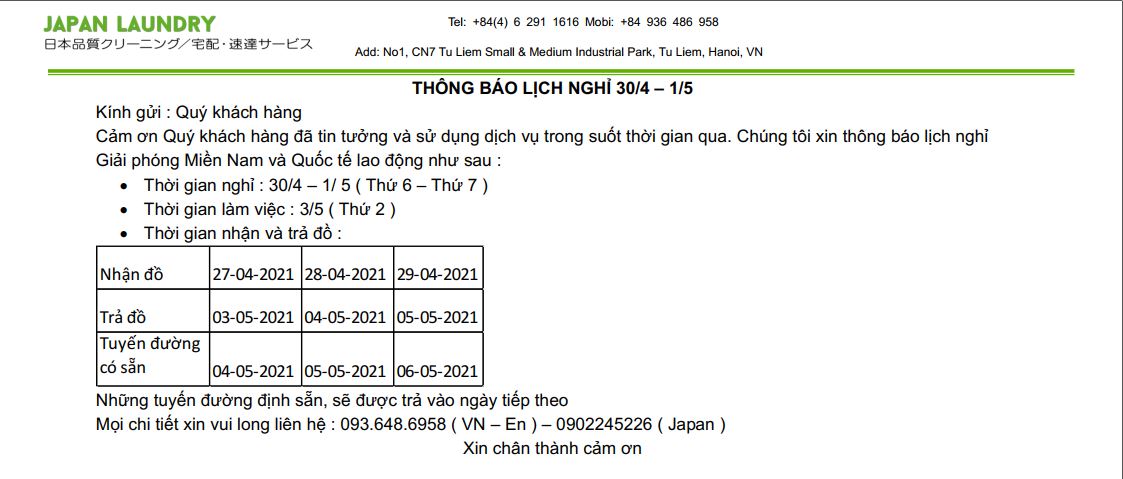 JAPAN LAUNDRY THÔNG BÁO LỊCH NGHỈ LỄ 30/4 - 1/5/2021